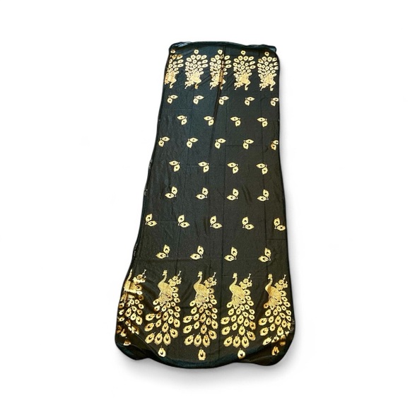 Black Organza Oblong Scarf with Gold Peacocks - Picture 4 of 4